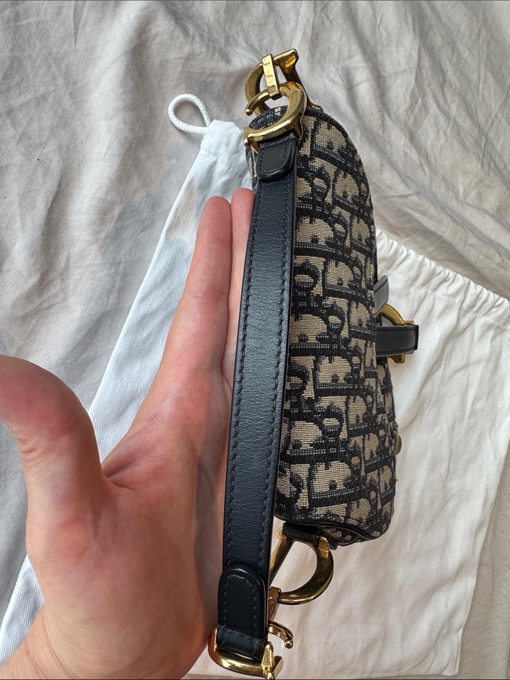 Dior Oblique Navy and Beige Saddle Shoulder Bag with Gold Hardware - Picture 5 of 13